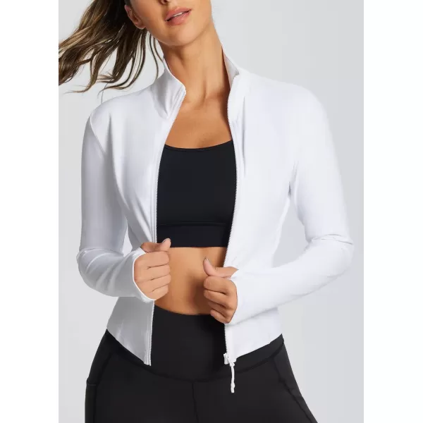 BALEAF Womens Cropped Workout Jacket Long Sleeve Athletic Running Yoga Lightweight Zip Up Jackets with Thumb HolesWhite