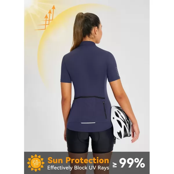 BALEAF Womens Cycling Jersey Short Sleeve Half Zip Bike Shirts Road Biking Tops 4 Rear Pockets UPF 50Navy Blue