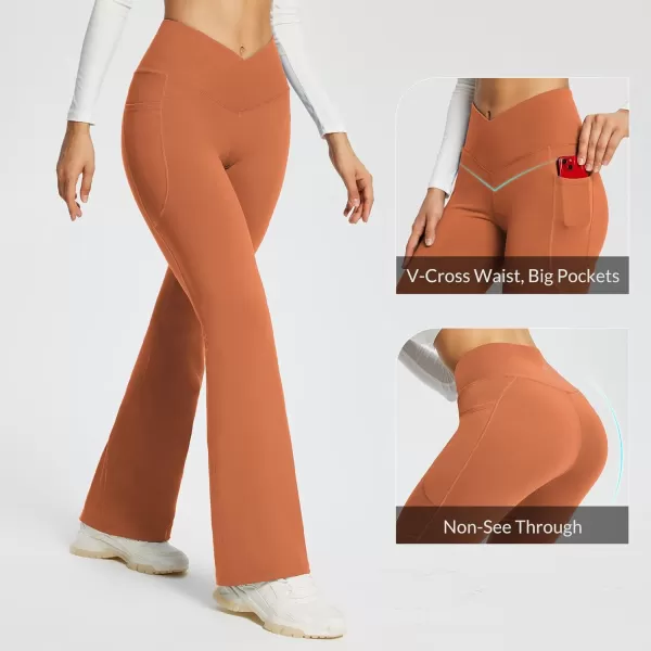 BALEAF Womens Flare Leggings Trendy Crossover Yoga Pants High Waist Casual Workout Bell Bottom Leggings with Pockets29 Inseam2 Pockets Orange