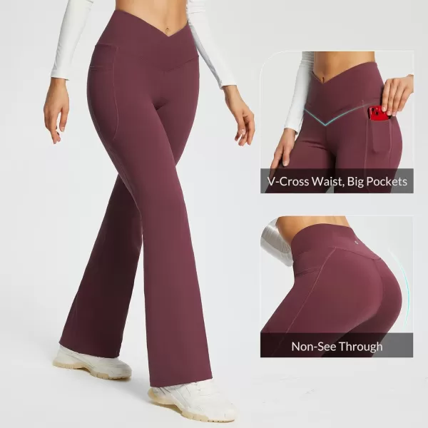 BALEAF Womens Flare Leggings Trendy Crossover Yoga Pants High Waist Casual Workout Bell Bottom Leggings with Pockets29 Inseam2 Pockets Wine