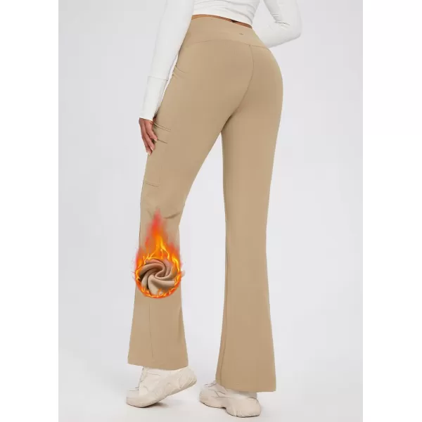 BALEAF Womens Fleece Lined Pants Water Resistant Crossover Flare Leggings Bootcut Hiking Thermal Winter OutdoorKhaki