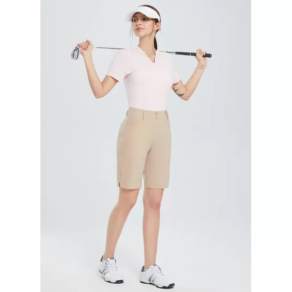 BALEAF Womens Golf Shorts 9 Bermuda Long Short Knee Length Stretch with Pockets Golfing Apparel for LadiesKhaki