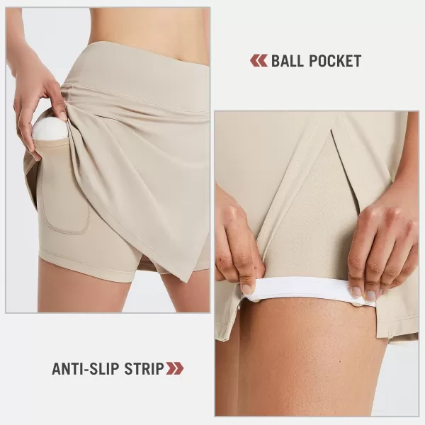 BALEAF Womens Golf Skirts High Waisted Tennis Skorts with Slit Athletic Running Skirt with Shorts and Zip PocketsKhaki