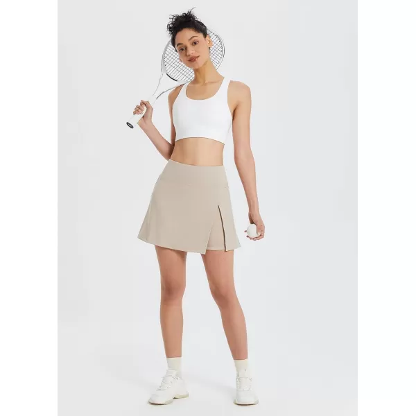 BALEAF Womens Golf Skirts High Waisted Tennis Skorts with Slit Athletic Running Skirt with Shorts and Zip PocketsKhaki