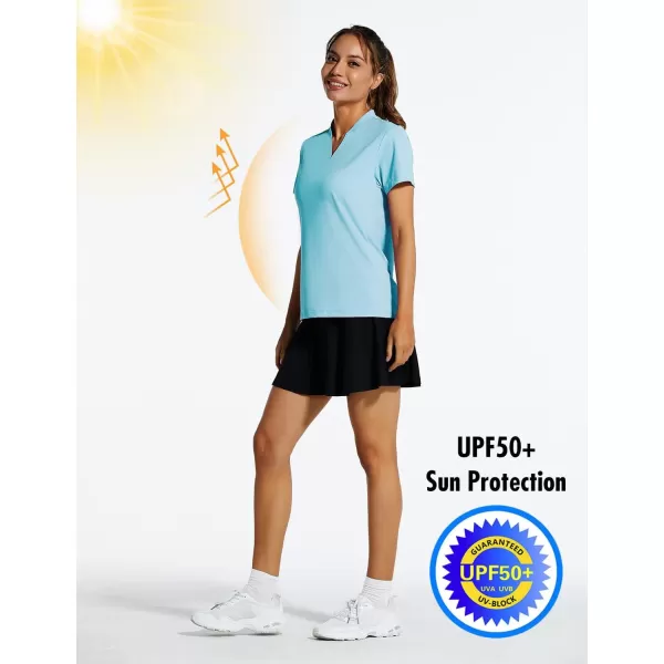 BALEAF Womens Golf Tennis Shirts VNeck Lightweight Quick Dry UPF 50 Sun Protection Short Sleeve Polo Shirts CollarlessBlue