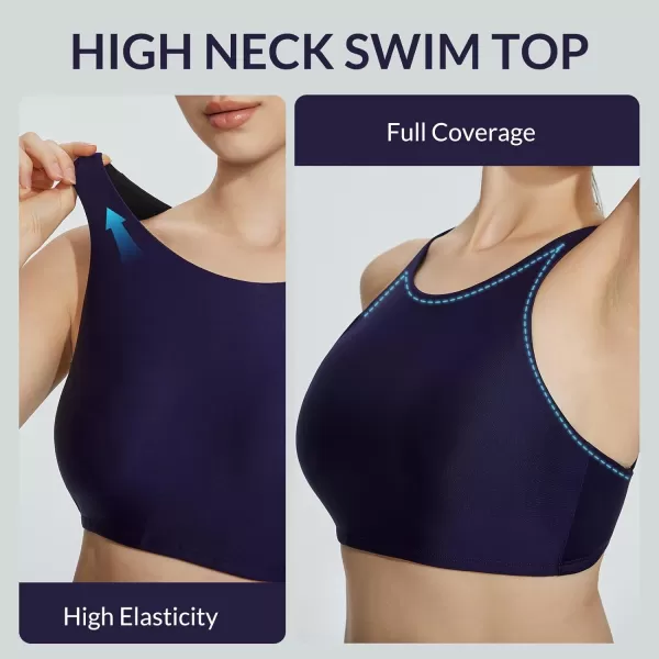 BALEAF Womens High Neck Swim Top Sporty Raceback Bra Modest Bathing Suit with Builtin Bra Crop Tops Under Rash GuardDark Blue