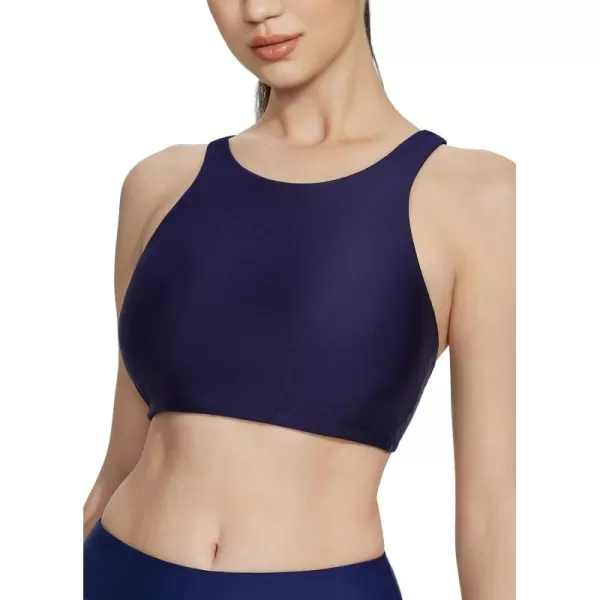 BALEAF Womens High Neck Swim Top Sporty Raceback Bra Modest Bathing Suit with Builtin Bra Crop Tops Under Rash GuardDark Blue