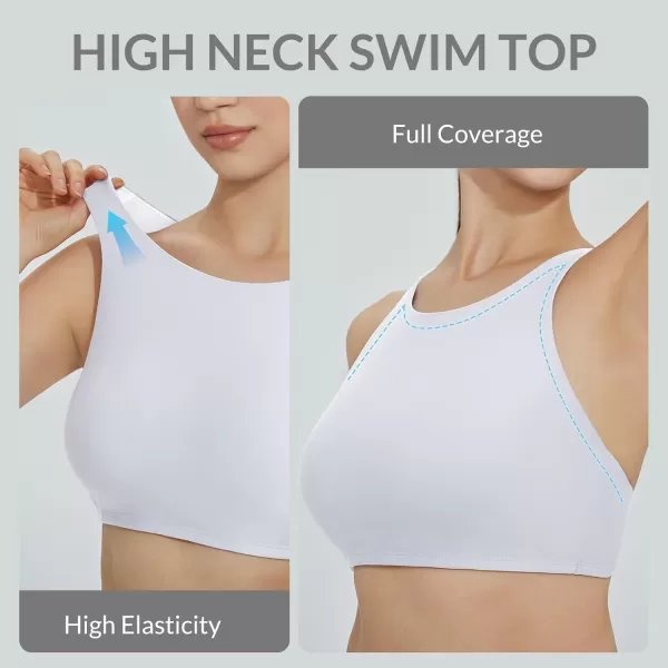 BALEAF Womens High Neck Swim Top Sporty Raceback Bra Modest Bathing Suit with Builtin Bra Crop Tops Under Rash GuardWhite