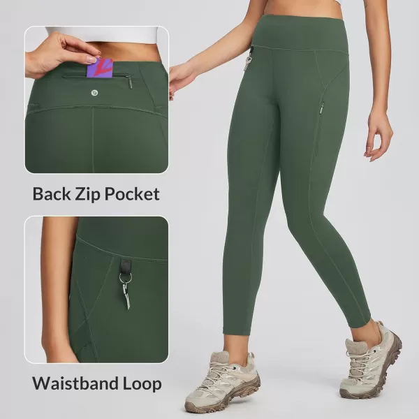 BALEAF Womens High Waist Leggings with Pocket Hiking Pants Tummy Control 3 Pocket for Athletic Outdoor RunningDark Army Green