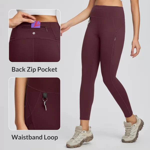 BALEAF Womens High Waist Leggings with Pocket Hiking Pants Tummy Control 3 Pocket for Athletic Outdoor RunningWine Red