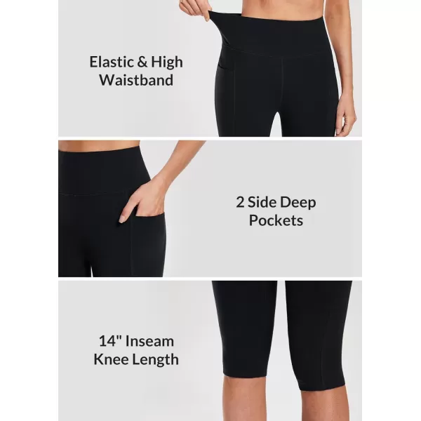 BALEAF Womens Knee Length Cotton Capri Leggings with Pockets High Waisted Casual Summer Yoga Workout Exercise Pants14 Inseam Black