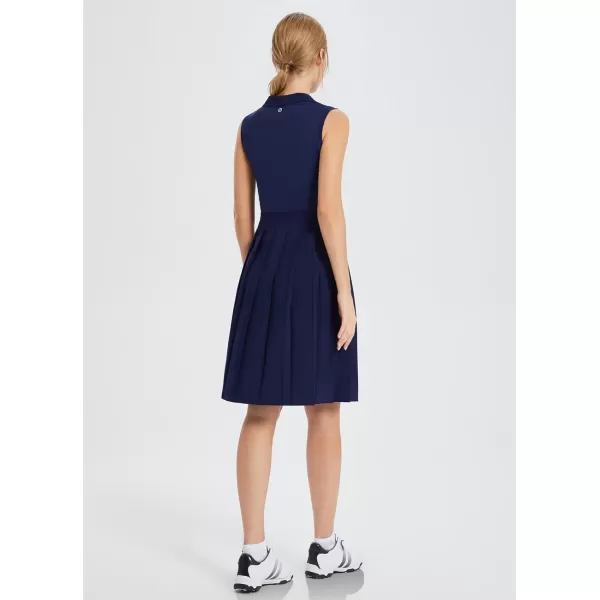 BALEAF Womens Knee Length Golf Dresses Pleated Dress Sleeveless Stretch Dress Elegant Polo V Neck UPF 50 SkirtsDark Blue