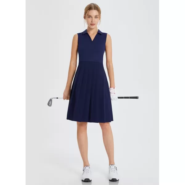 BALEAF Womens Knee Length Golf Dresses Pleated Dress Sleeveless Stretch Dress Elegant Polo V Neck UPF 50 SkirtsDark Blue