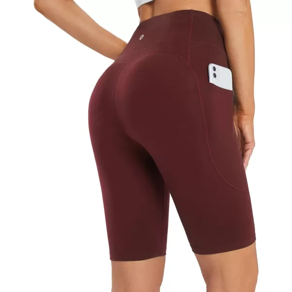 BALEAF Womens Long Biker Yoga Compression Shorts High Waist Knee Length Spandex Workout Shorts with Pockets Soft10 inches inseam Wine Red