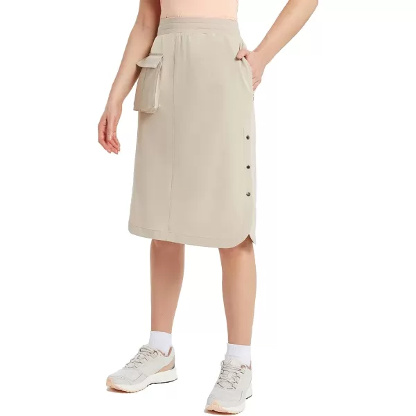 BALEAF Womens Long Casual Skirt Pocket with Slit 265 Midi Calf Length Elastic Waist Stretch for TravelKhaki