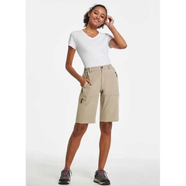 BALEAF Womens Long Hiking Bermuda Shorts Quick Dry Summer Golf Shorts Lightweight with Pockets UPF 50 for Camping Work2khaki