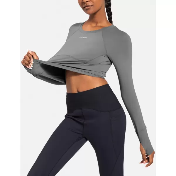 BALEAF Womens Long Sleeve Crop Workout Top Slim Fit Tops for Running Gym YogaSlate Gray