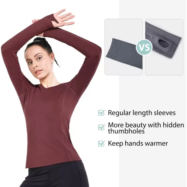 BALEAF Womens Long Sleeve Workout Shirts Fitted Yoga Tops Running Athletic Underscrub with Thumb HolesWine