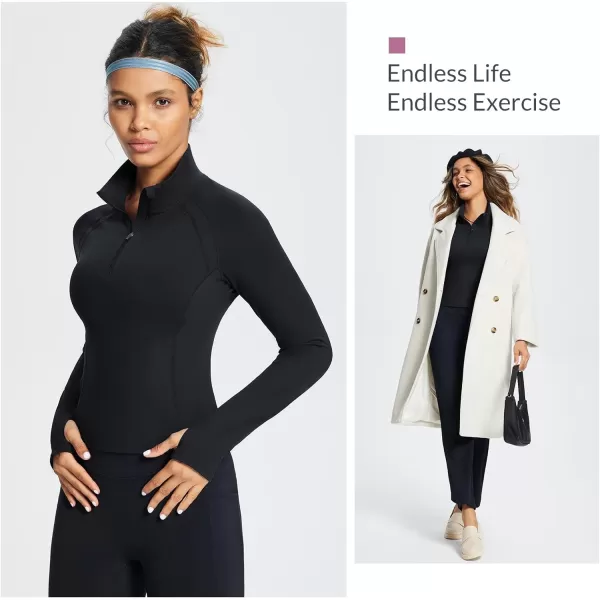 BALEAF Womens Long Sleeve Workout Tops Crop Top Athletic Quarter Zip Sweatshirt Pullover for Running ShirtsBlack