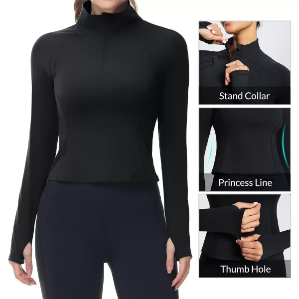 BALEAF Womens Long Sleeve Workout Tops Crop Top Athletic Quarter Zip Sweatshirt Pullover for Running ShirtsBlack