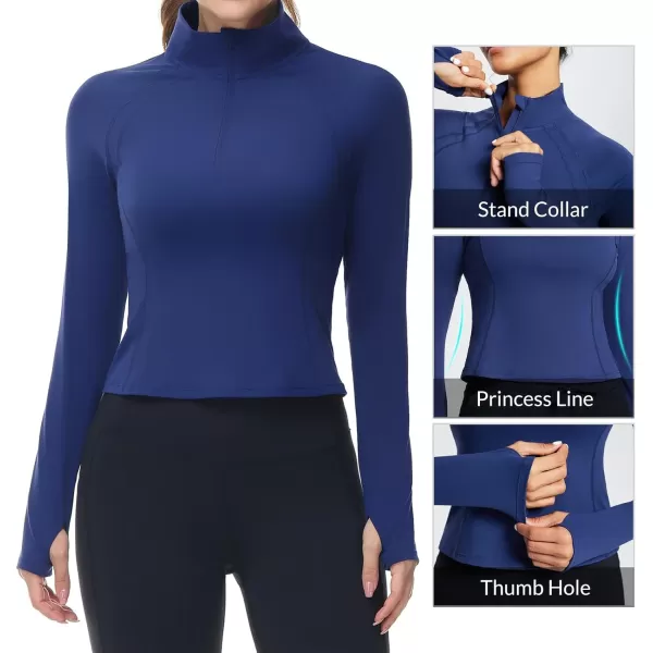 BALEAF Womens Long Sleeve Workout Tops Crop Top Athletic Quarter Zip Sweatshirt Pullover for Running ShirtsDark Blue