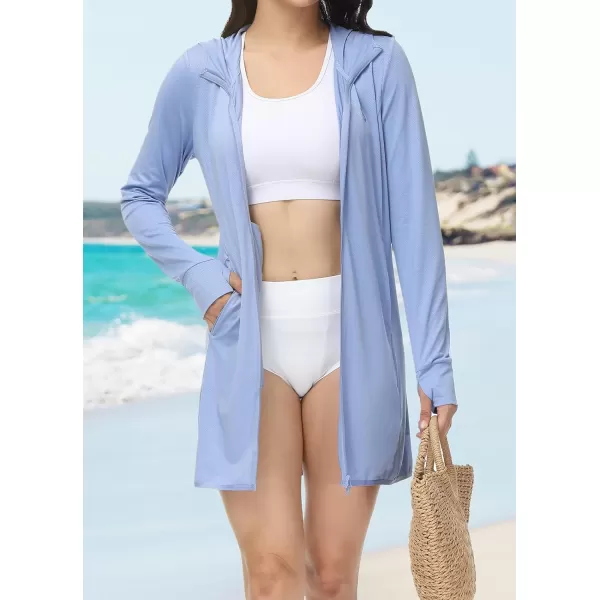 BALEAF Womens Long Sleeve Zip Beach Coverup UPF 50 Sun Protection Hooded Cover Up Shirt Dress with PocketsPurple Blue