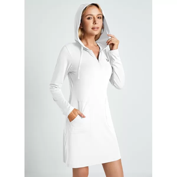 BALEAF Womens Long Sleeve Zip Beach Coverup UPF 50 Sun Protection Hooded Cover Up Shirt Dress with PocketsWhite