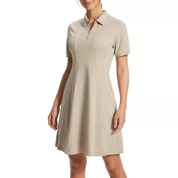 BALEAF Womens Lyocell Golf Dress Short Sleeve Polo Shirts Dress Golf Apparel Knee Length Pockets Quarter Zip UPF 50Khaki