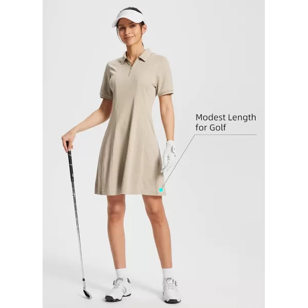 BALEAF Womens Lyocell Golf Dress Short Sleeve Polo Shirts Dress Golf Apparel Knee Length Pockets Quarter Zip UPF 50Khaki