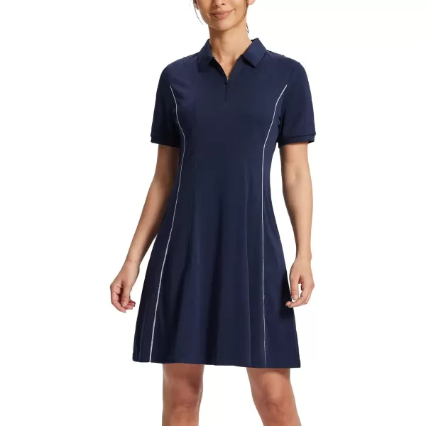 BALEAF Womens Lyocell Golf Dress Short Sleeve Polo Shirts Dress Golf Apparel Knee Length Pockets Quarter Zip UPF 50Navy Blue