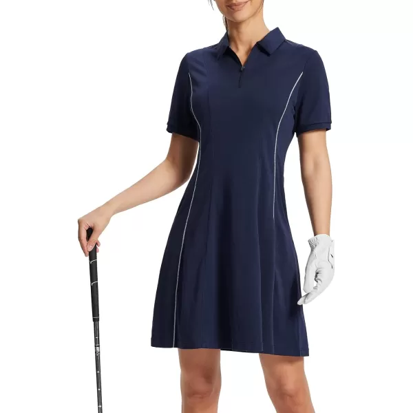 BALEAF Womens Lyocell Golf Dress Short Sleeve Polo Shirts Dress Golf Apparel Knee Length Pockets Quarter Zip UPF 50Navy Blue