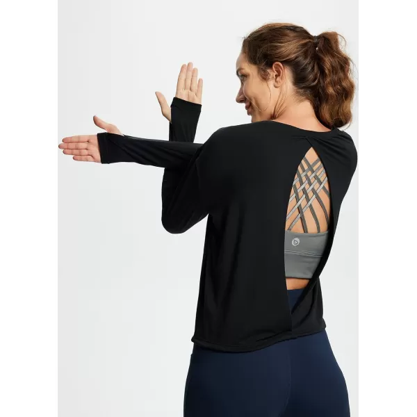 BALEAF Womens Open Back Long Sleeve Shirts Yoga Workout Tops Athletic Running Dance Top Loose Fit with Thumb HoleBALEAF Womens Open Back Long Sleeve Shirts Yoga Workout Tops Athletic Running Dance Top Loose Fit with Thumb Hole