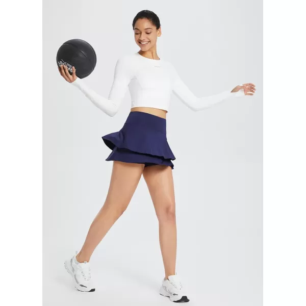 BALEAF Womens Pleated Tennis Skirts Layered Ruffle Mini Skirts with Shorts for Running WorkoutNavy