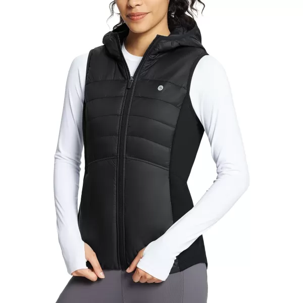 BALEAF Womens Puffer Vest Lightweight Hooded Slim Fit Running FLeece Lined Hybrid Sleeveless Warm up WinterBlack