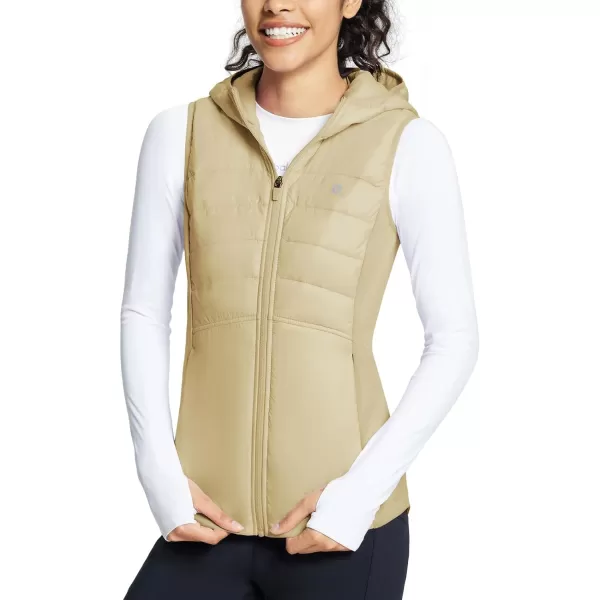 BALEAF Womens Puffer Vest Lightweight Hooded Slim Fit Running FLeece Lined Hybrid Sleeveless Warm up WinterTannin