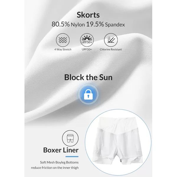 BALEAF Womens Swim Skirt Bottoms High Waisted Pleated Skorts Boxer Liner with Pockets SwimsuitsWhite