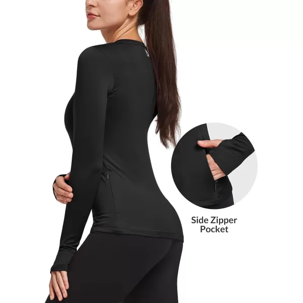 BALEAF Womens Thermal Fleece Tops Long Sleeve Running Workout Shirt Thumbholes Zipper Pocket Pullover Cold WeatherBlack