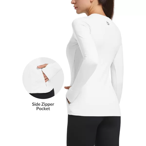 BALEAF Womens Thermal Fleece Tops Long Sleeve Running Workout Shirt Thumbholes Zipper Pocket Pullover Cold WeatherWhite