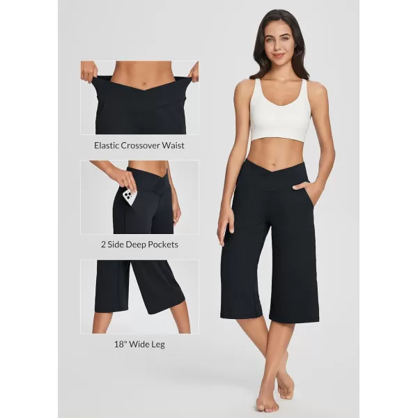 BALEAF Womens Wide Leg Capris Yoga Pants Crossover High Waist Crop Dress Pants with Pockets Loose Lounge Casual SummerBlack