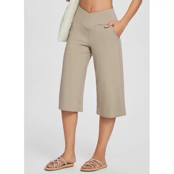 BALEAF Womens Wide Leg Capris Yoga Pants Crossover High Waist Crop Dress Pants with Pockets Loose Lounge Casual SummerKhaki