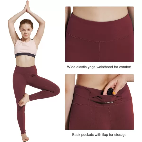 BALEAF Youth Girls Athletic Dance Leggings Compression Pants Running Active Yoga Tights with Back Pocket1 Back Pocket Wine Red