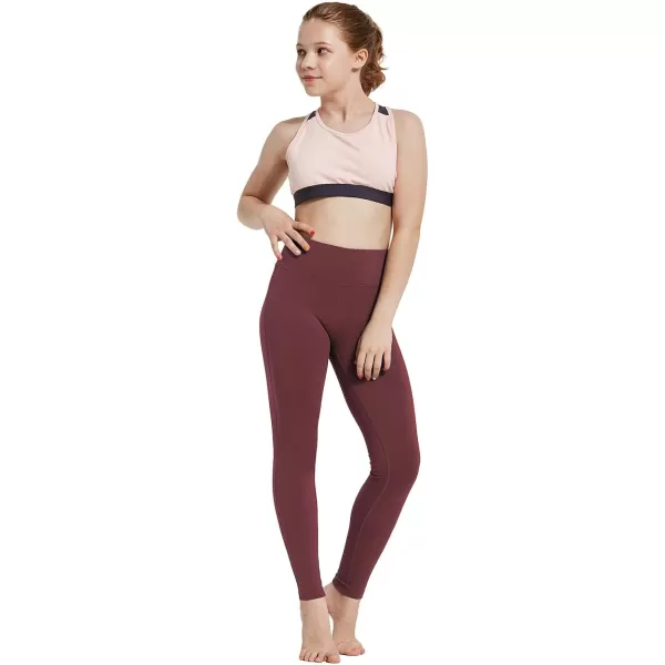 BALEAF Youth Girls Athletic Dance Leggings Compression Pants Running Active Yoga Tights with Back Pocket1 Back Pocket Wine Red