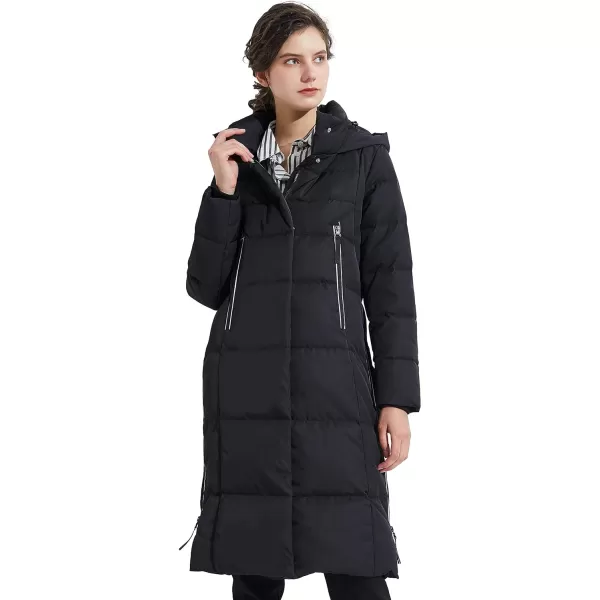 Orolay Womens Thickened Long Down Jacket Winter Down Coat Hooded Puffer Jacket with Side ZipperPirate Black