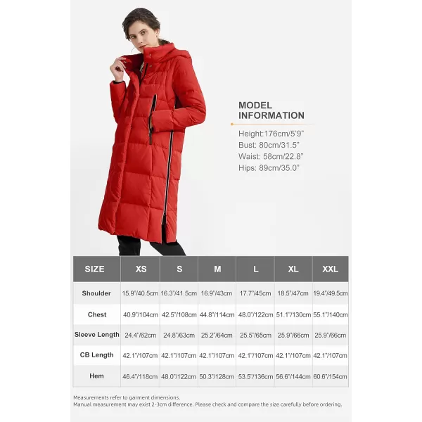 Orolay Womens Thickened Long Down Jacket Winter Down Coat Hooded Puffer Jacket with Side ZipperRed