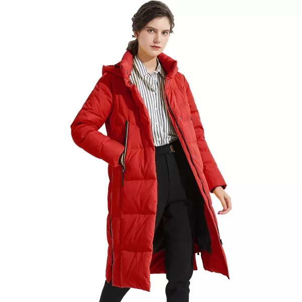 Orolay Womens Thickened Long Down Jacket Winter Down Coat Hooded Puffer Jacket with Side ZipperRed