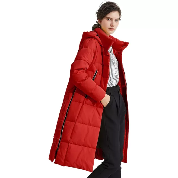 Orolay Womens Thickened Long Down Jacket Winter Down Coat Hooded Puffer Jacket with Side ZipperRed