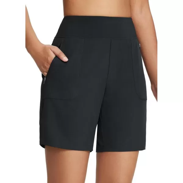 BALEAF 7 Athletic Long Shorts for Women Running High Waisted Quick Dry Workout Bermuda Soft Zipper Pockets UPF 50Black