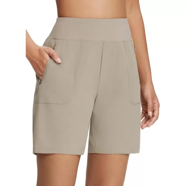 BALEAF 7 Athletic Long Shorts for Women Running High Waisted Quick Dry Workout Bermuda Soft Zipper Pockets UPF 50Khaki