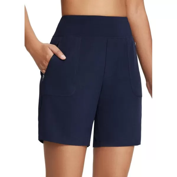 BALEAF 7 Athletic Long Shorts for Women Running High Waisted Quick Dry Workout Bermuda Soft Zipper Pockets UPF 50Navy