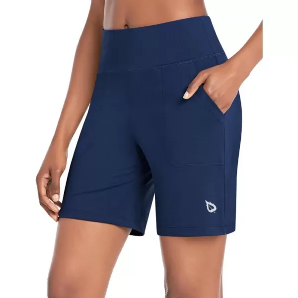 BALEAF Bermuda Shorts for Women High Waisted Athletic Long Running Shorts with PocketsNavy